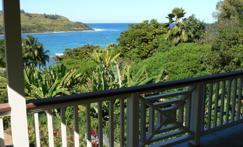 This stunning view of Moloa'a Bay demanded an architectural design response - this view is from the covered second story deck immediately outside the Master bedroom.