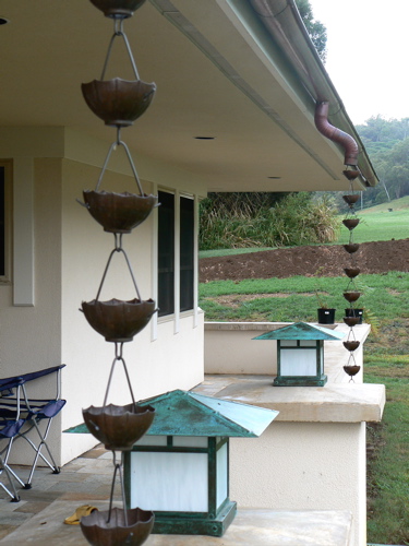 detail shot of the tulip shaped cups, and architectural front entry lighting. Note the continuous band of ventilation around the perimeter of the soffited deck eaves.