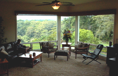 The architectural focus of the living room is the set of large glass windows that meet in an 'invisible' mitered glass corner.